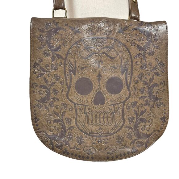 LOUNGEFLY Sugar Skull Embossed Faux Leather DOTD Messenger Crossbody Satchel - Picture 1 of 9